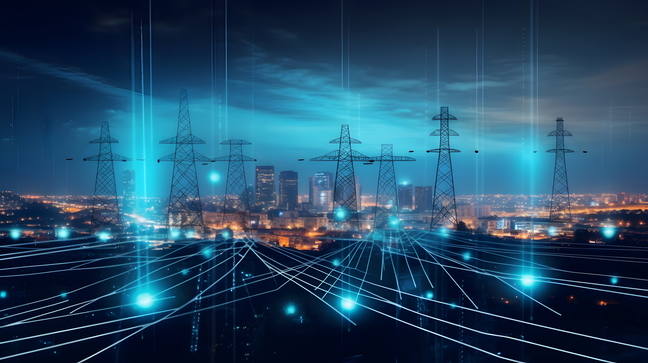 Stadt mit Strommasten und leuchtenden Linien die Digitalisierung darstellen.